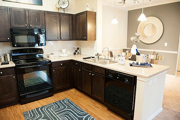Dark wood cabinets, black appliances, and vinyl flooring in