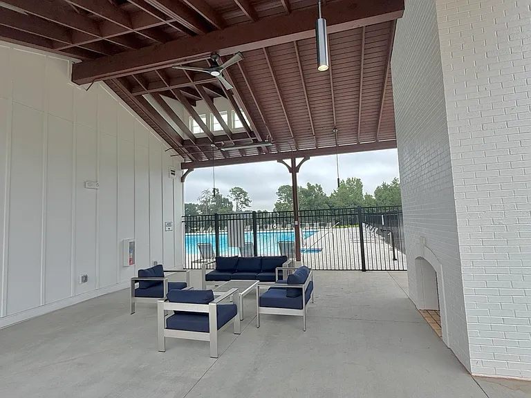 Community lounge area with fireplace.