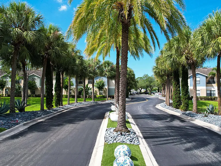 Welcome to Harper Grand Apartments! Our grand entrance, lined with majestic palm trees and vibrant landscaping, sets the stage for the luxurious living experience that awaits you.