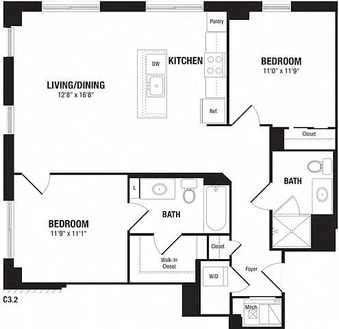 Floor plan 2 Bedroom, 2 Bath 997 SF C32
