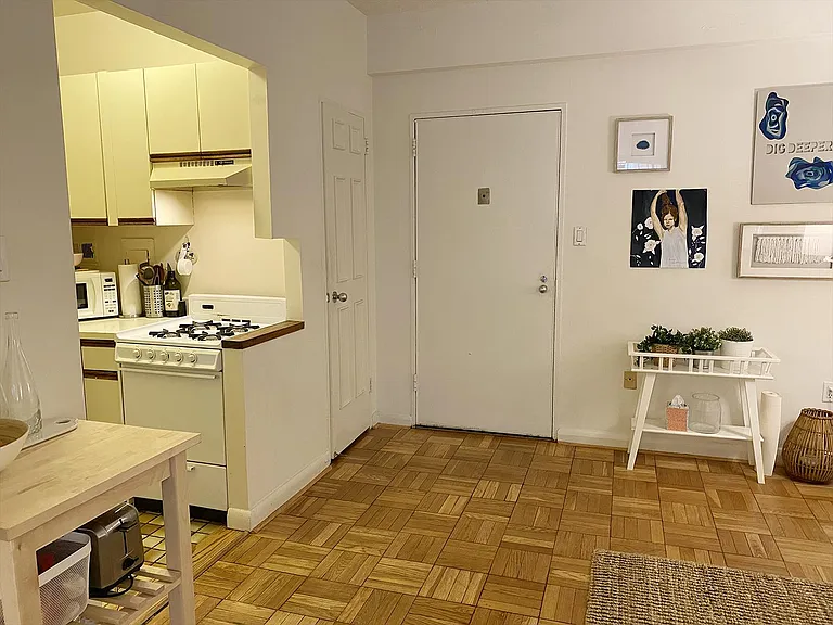 Door entrance and side closet with view of the kitchen