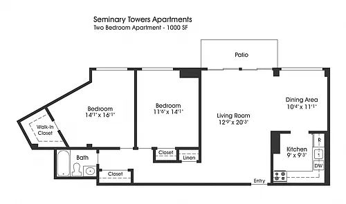 Floor plan 2BR 1BA (1000sf)