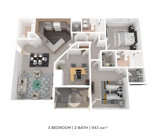 Floor plan Three Bedroom 2 Bath - 1,143 sqft