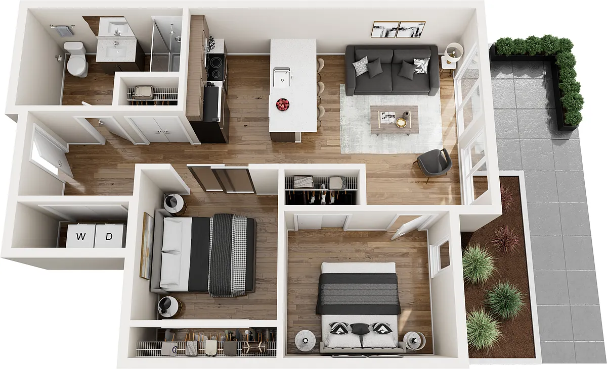 Floor plan One Bed + Alcove + Courtyard Patio M1AC-2x1