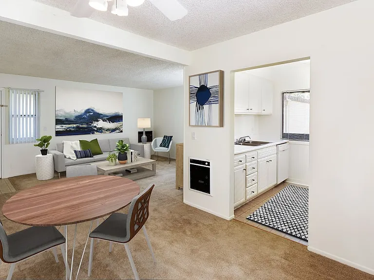 Classic kitchen, living, and dining areas