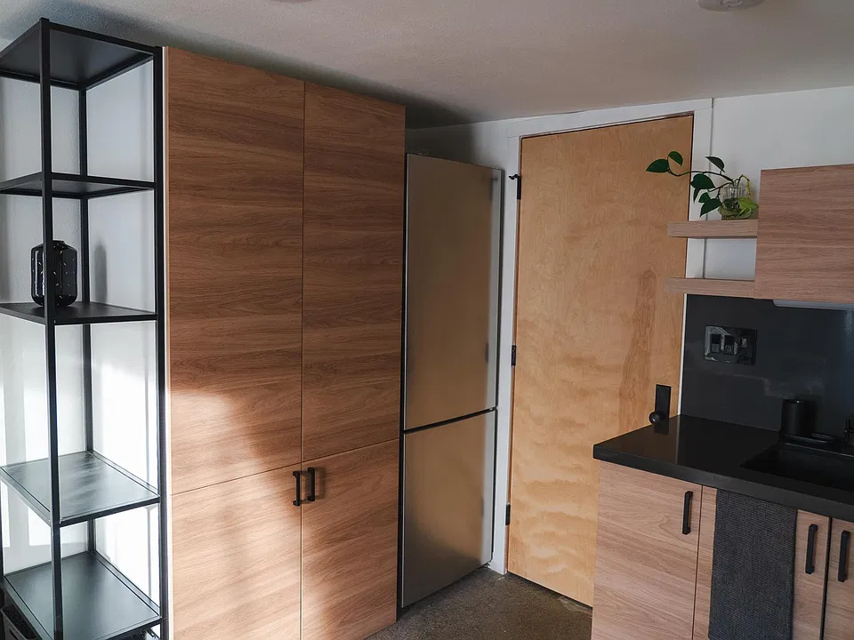 Fridge and closet/pantry storage.