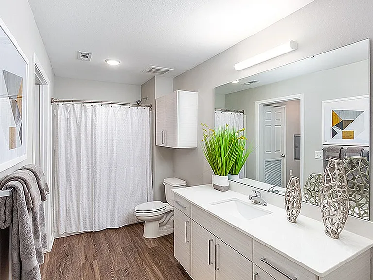 Large vanities, mirrors, and cabinets are a staple in Kinsley Forest Apartments' bathrooms.