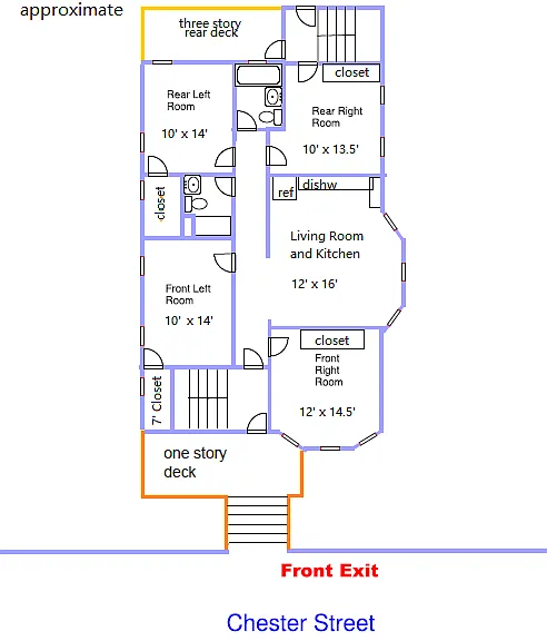 Floor plan. 4 individual bedrooms each open into the main hallways, two bedrooms on each side of the unit.