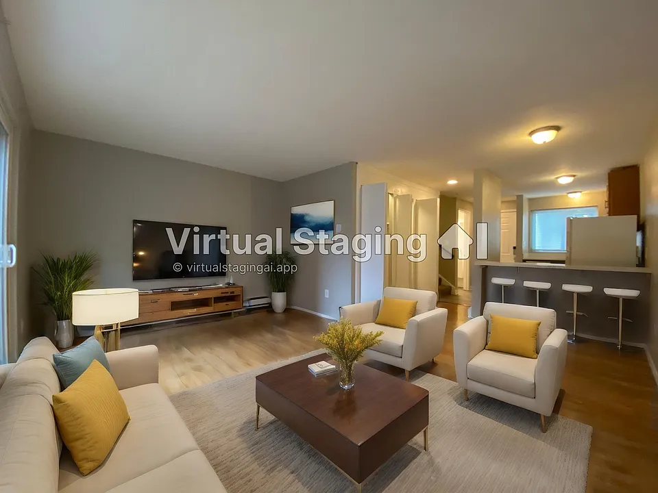 Virtual Staged living room with dining at the breakfast bar