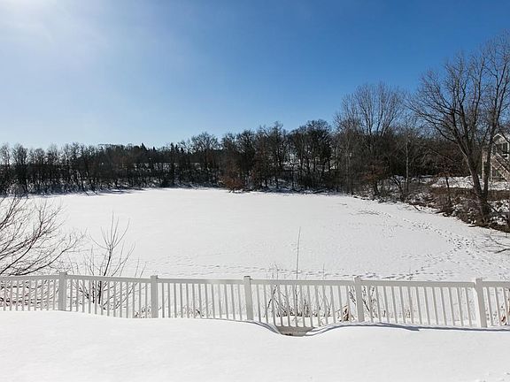 Southwest back yard views beyond the patio overlook a now-frozen pond. It's mainly snow and sunsets now, but from spring through fall look straight out at birds and wildlife, not other neighbors.