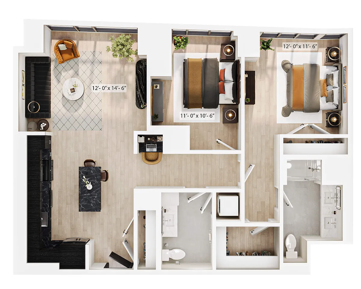 Floor plan 1 Bed/1 Bath Den-PH-A1D