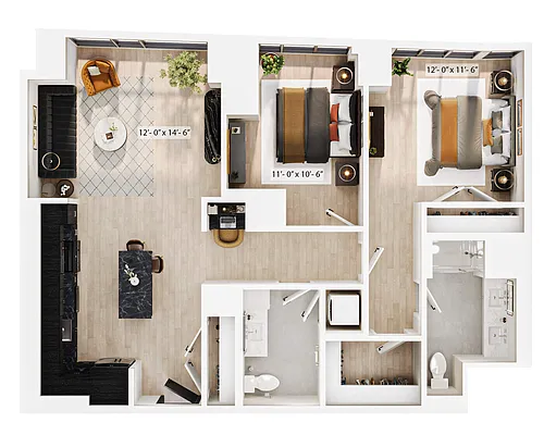 Floor plan 1 Bed/1 Bath Den-PH-A1D
