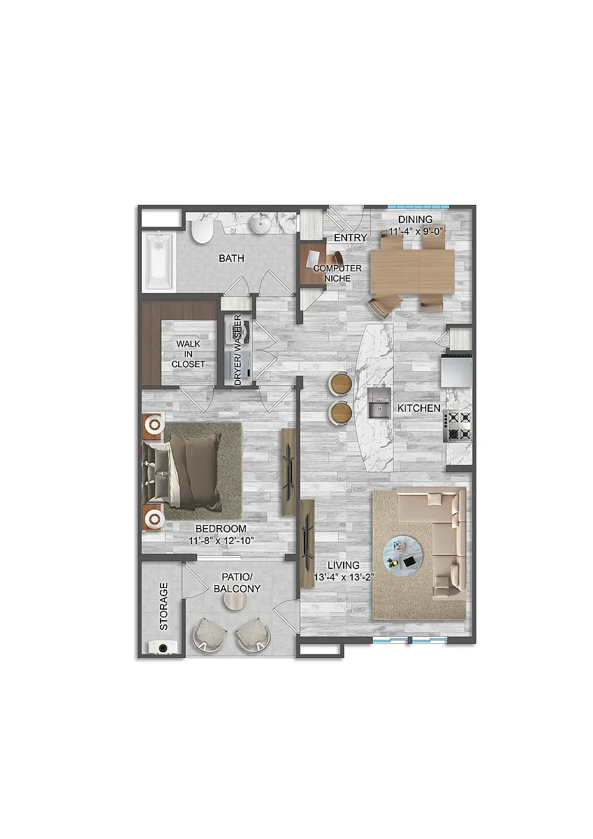 Floor plan Bernini - One Bedroom/One Bath 830 Sq Ft