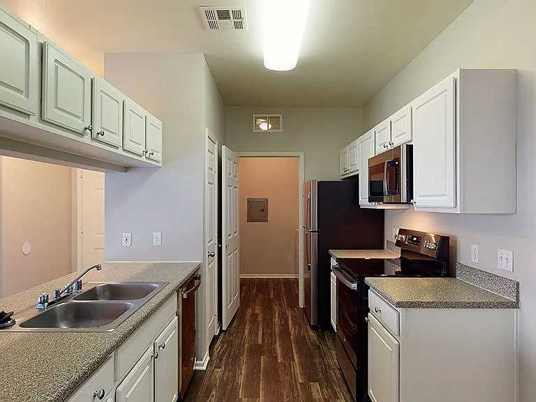 Apartment kitchen with stainless steel appliances and wood-style flooring in select homes.
