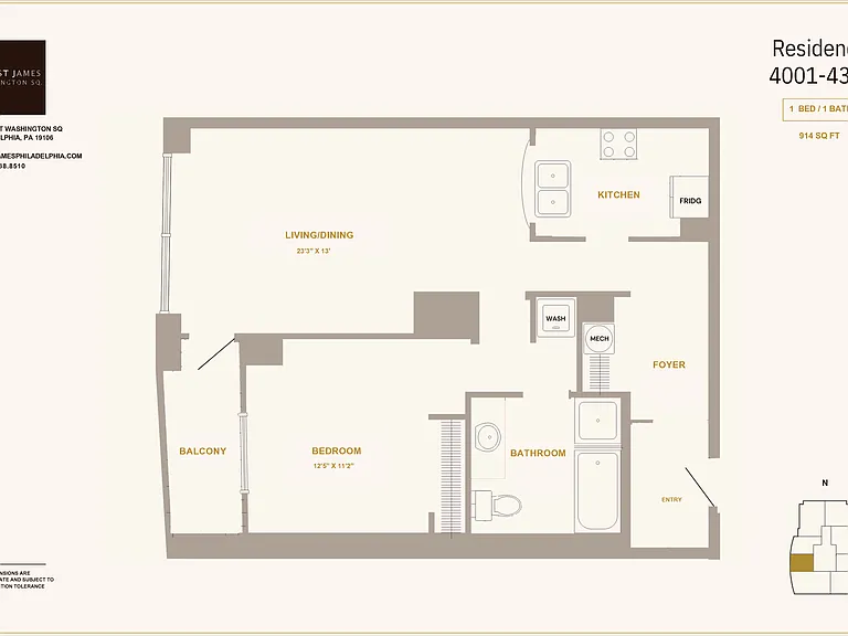 Modern apartment floor plan at The St James featuring 1 bedroom, 1 bath, spacious living/dining area, kitchen, and balcony in 914 sq ft. Modern apartment floor plan at The St James featuring 1 bedroom, 1 bath, spacious living/dining area, kitchen, and bal