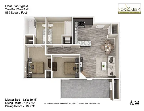 Floor plan Estates - 2 Bed, 2 Bath - 850 Square Feet