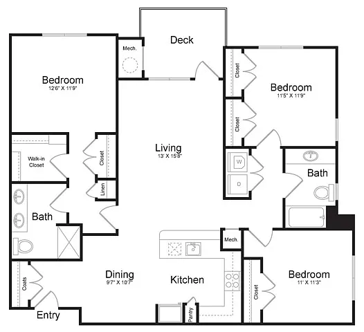 Floor plan Three Bedroom Two Bath (1396 SF)