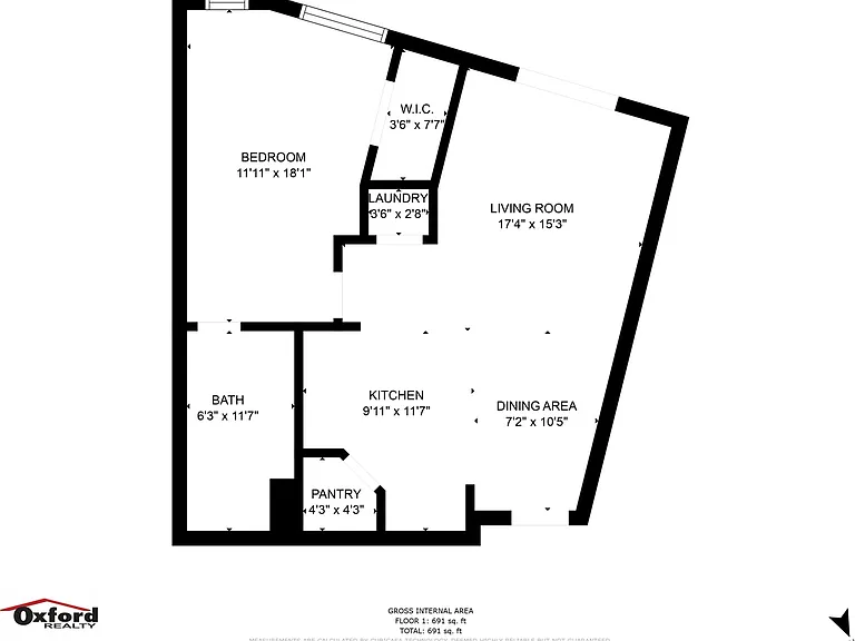 Chic floor plan showcasing 1 bedroom, spacious living room, modern kitchen, and cozy dining area by Oxford Realty, 691 sq ft. Chic floor plan showcasing 1 bedroom, spacious living room, modern kitchen, and cozy dining area by Oxford Realty, 691 sq ft.