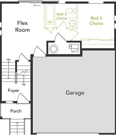 A view of the first floor layout and garage