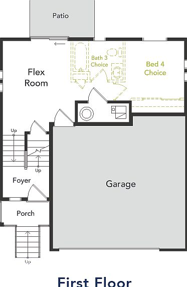 A view of the first floor layout and garage