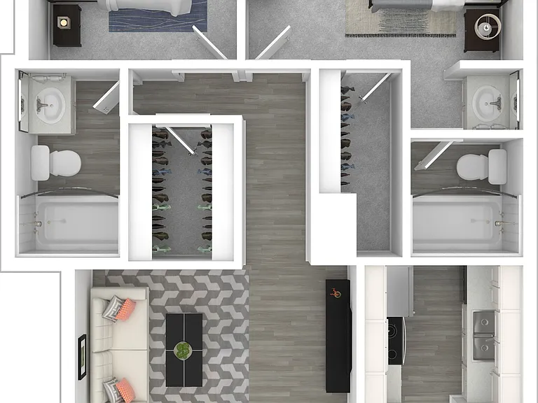 3D Furnished Two-Bedroom B Floor Plan 3D Furnished Two-Bedroom B Floor Plan