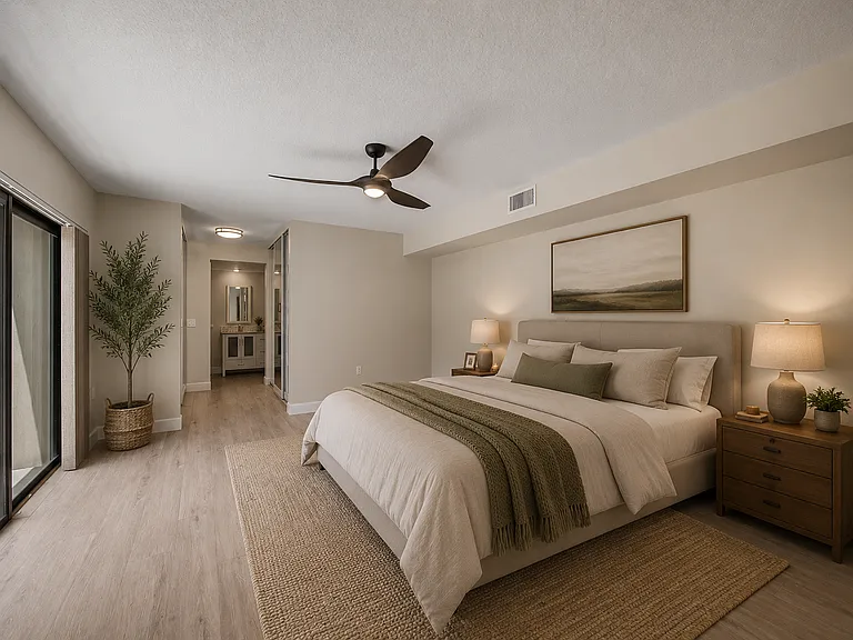 Staged Prmary Bedroom to help visualize. Unit is unfurnished