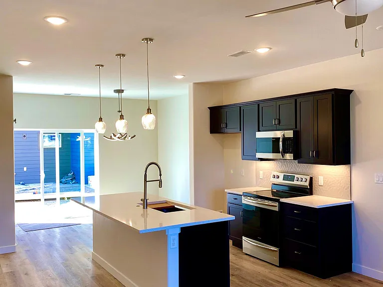 Kitchen viewed from the living area.