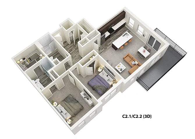 Floor plan 2 Bed 2 Bath (C2)