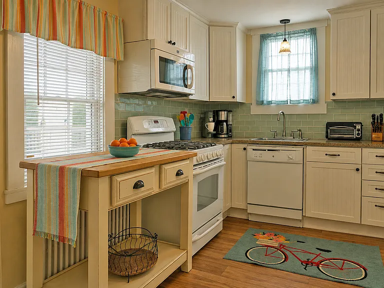 Bright, spacious kitchen with granite is fully equipped for weekly summer rentals and the off-season winter rental.