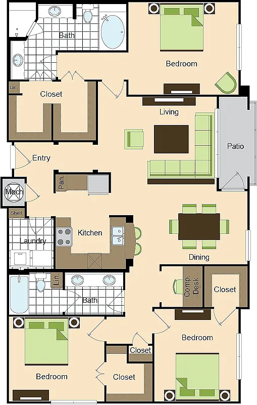 Floor plan Three Bedroom Two Bath (1580 SF)