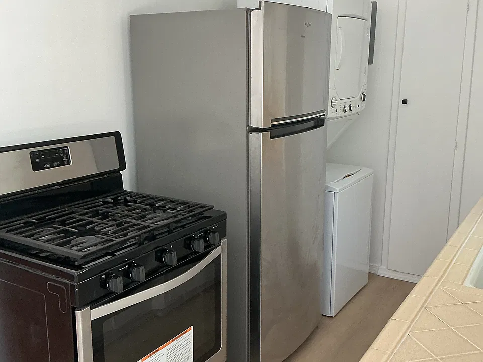Kitchen appliances: stainless steel stove, stainless steel refrigerator, and washer-drier