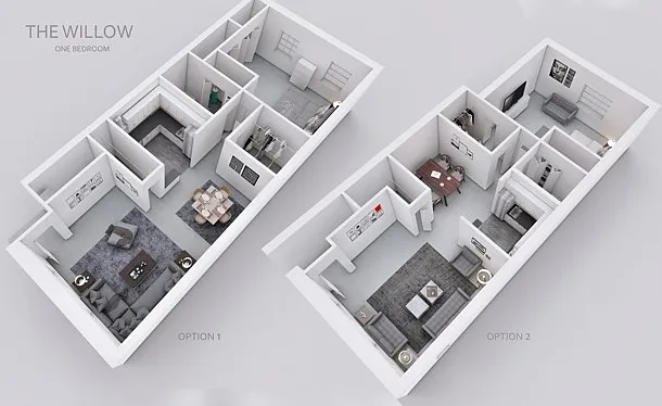 Floorplan for The Willow Option1 and 2, One Bedroom Layout at Willow Shores Floorplan for The Willow Option1 and 2, One Bedroom Layout at Willow Shores