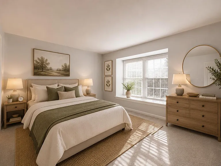 Spacious primary bedroom with large windows, abundant natural light, and plenty of room for a king-sized bed. Photos are virtually staged.