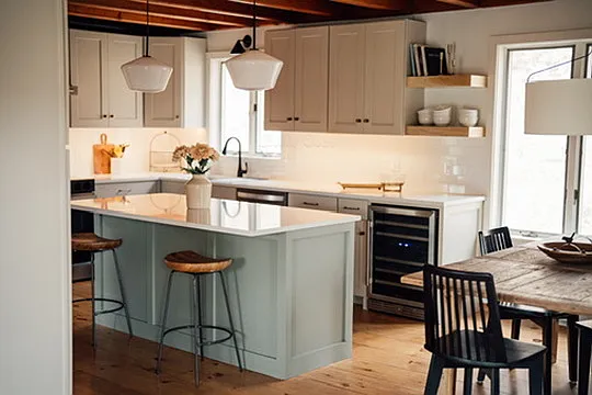 Kitchen with tile backsplash, quartz countertops, wine cooler, drawer microwave