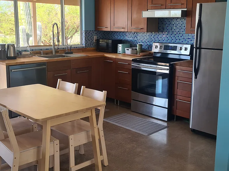 kitchen and living room backyard view