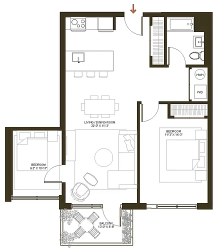 Floor plan 2B-1B W Creekside Balcony