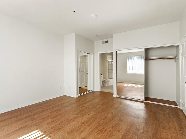 Bedroom with Two Mirrored Closets and Vinyl Flooring