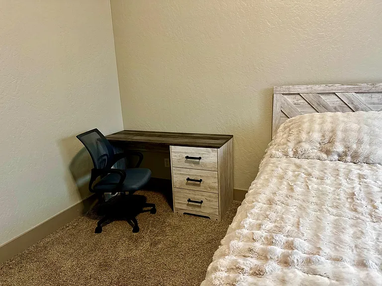 Furnished bedroom featuring a bed, nightstand, and a dedicated desk area with chair for work or study.