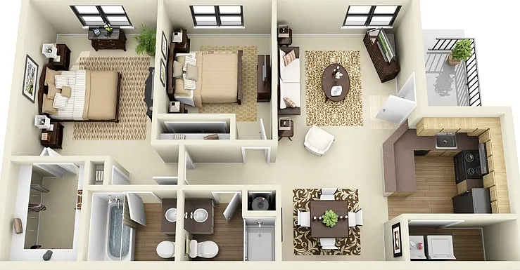 Plantation Colony - B1 - 2 Beds - 2 Baths - 1066 Sq. ft.