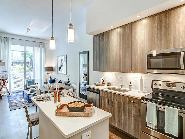 Open-Concept Layout With Full Kitchen and Connected Living and Dining Furniture