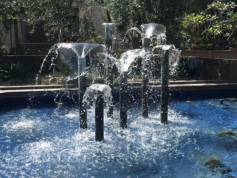 Fountains sparkle in the main interior plaza