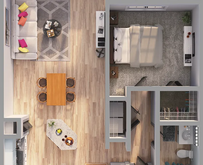 Explore this chic urban apartment layout, perfect for modern living. Explore this chic urban apartment layout, perfect for modern living.