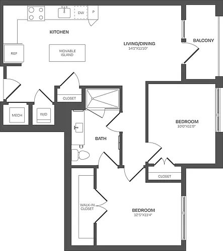 Floor plan 1 Bed/1 Bath Den-B05