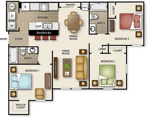 Floor plan Three Bedroom Two Bath