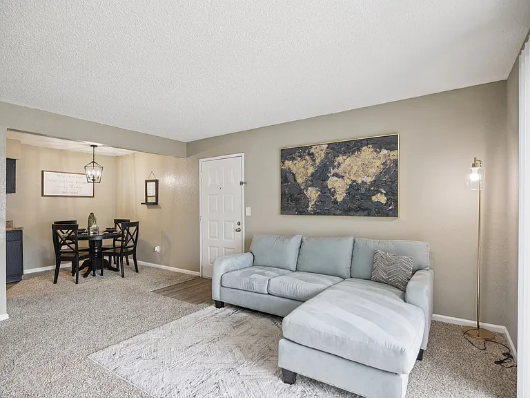 Two-bedroom, one bath living and dining areas.