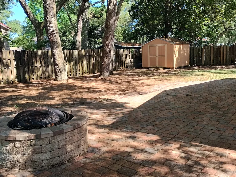 Fence backyard, firepit, storage shed