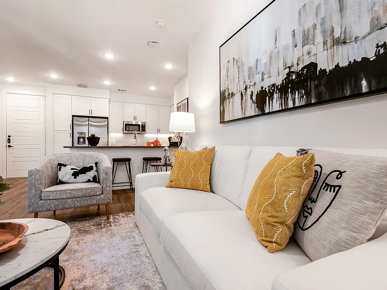 Open-Concept Living Room and Kitchen with Cozy, Modern Furnishings