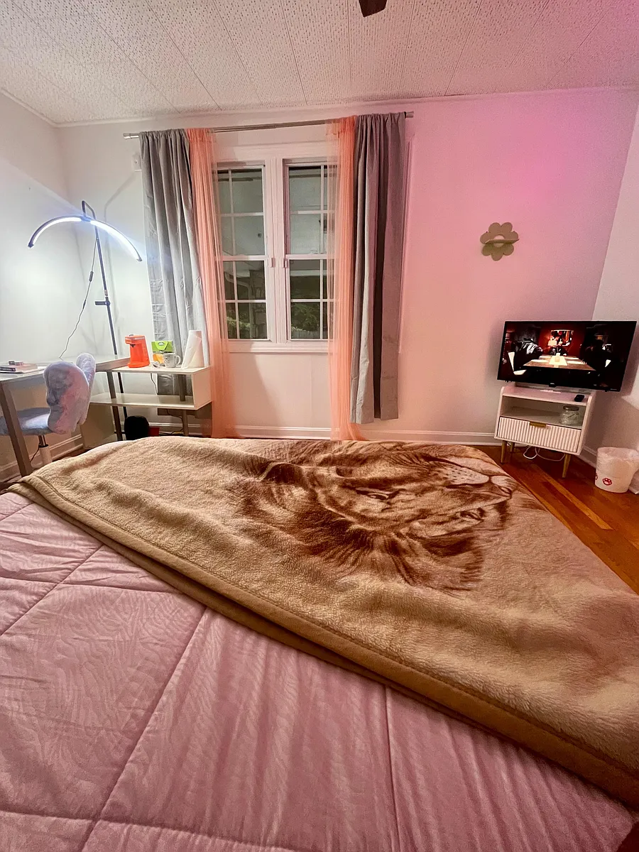 Bedroom with a large window and layered curtains, plus space for a desk setup and a TV stand for easy downtime. - Bankston Rd