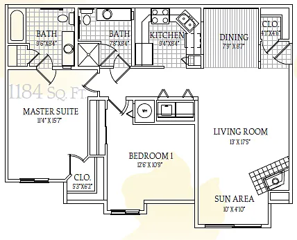 Floor plan Two Bedroom Two Bath (1,184 - 1,194 Square Feet)