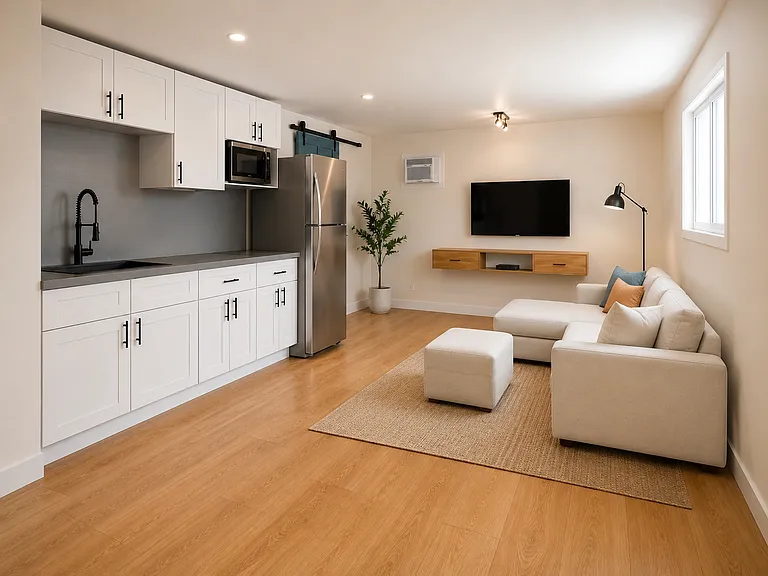Open Kitchen and living area, digitally staged to show possible furniture placement and room layout.